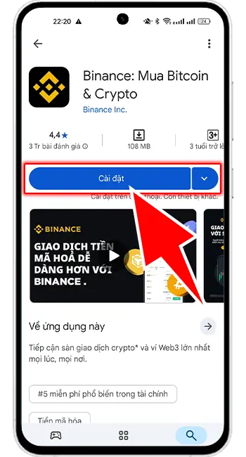 Bước 2: Tìm kiếm "Binance" → chọn Cài đặt về điện thoại.